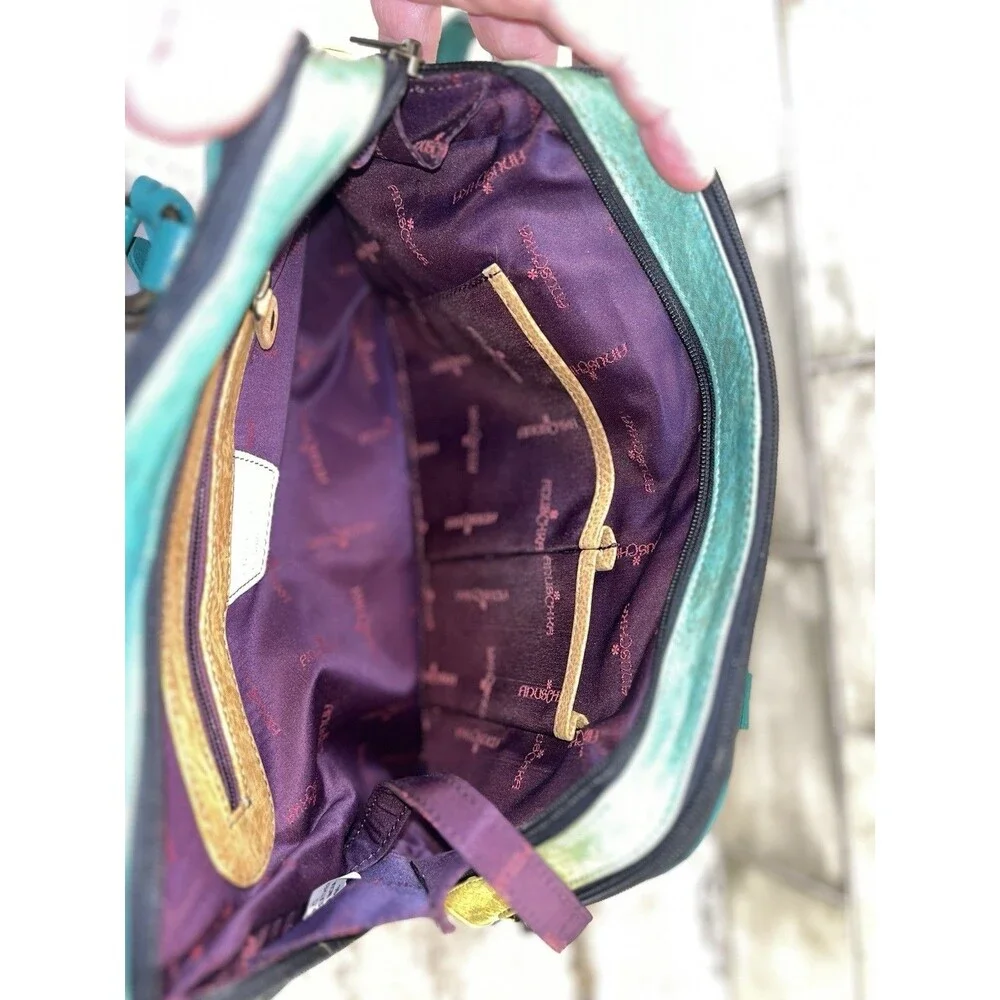 Anuschka Hand Painted Art Leather Tiger Leopard Hibiscus Satchel Purse W/Coin - Picture 10 of 16